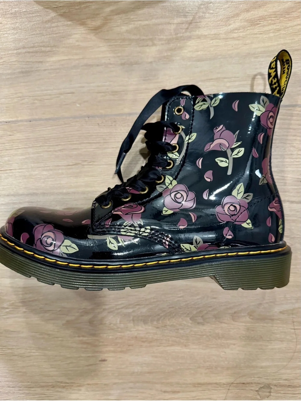 Dr. Martens Black Patent Lace-Up Boots with Pink Rose Print